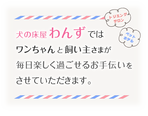 犬の床屋 わんずではワンちゃんと飼い主さまが毎日楽しく過ごせるお手伝いをさせていただきます。